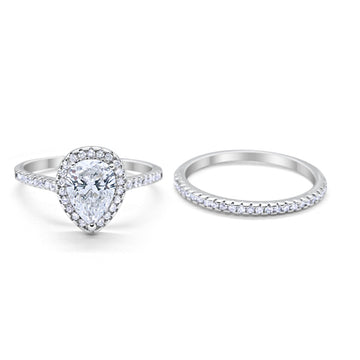 Teardrop Pear Bridal Set Engagement Ring Simulated Cubic Zirconia 925 Sterling Silver